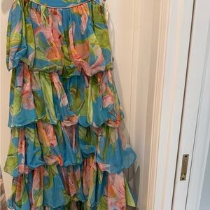 FARM Rio Blue Floral Tiered Maxi Skirt